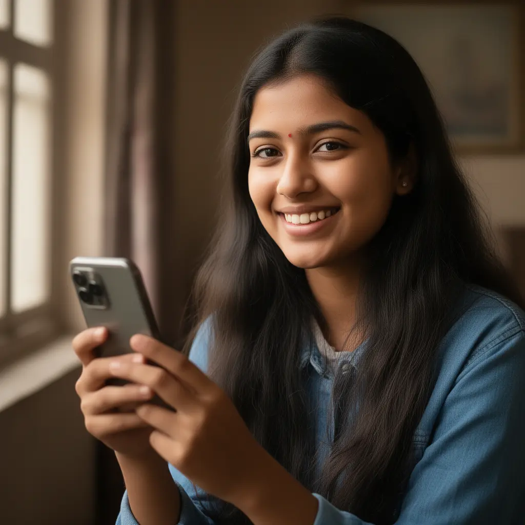 Excited Bangladeshi woman smiling while playing casino games on her phone using the 75BD app in a bright indoor setting